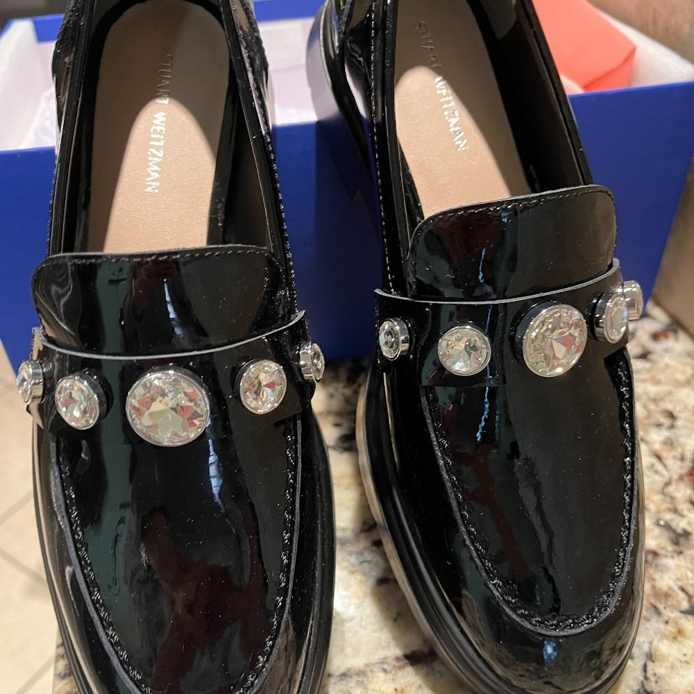 Stuart Weitzman Suki II Black Patent Loafer with Crystal Embellishment